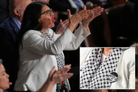 La congresista Rashida Tlaib genera controversia por llevar un pin “F–k ICE” en el Discurso del Estado de la Unión de 2026 del presidente Trump