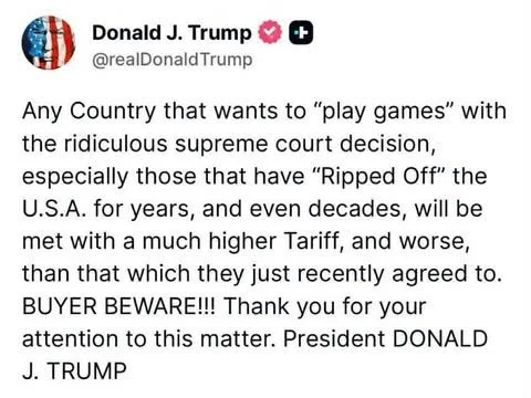 Tổng thống Trump cảnh báo áp thuế cao hơn đối với các quốc gia chơi trò với Mỹ sau phán quyết của Tối cao Pháp viện